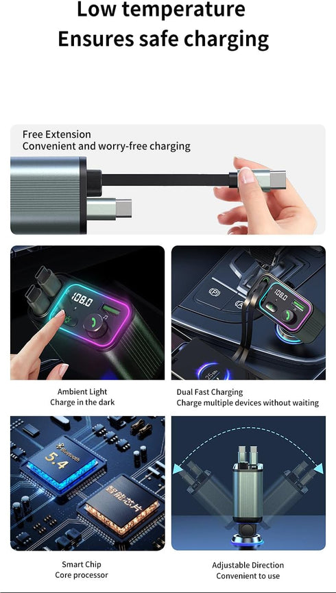 GXY KIT 3 1 Mp3 65W 18W 2 Charging,2 in Retractable Car Charger Adapter & FM Transmitter Bluetooth Player- Max +