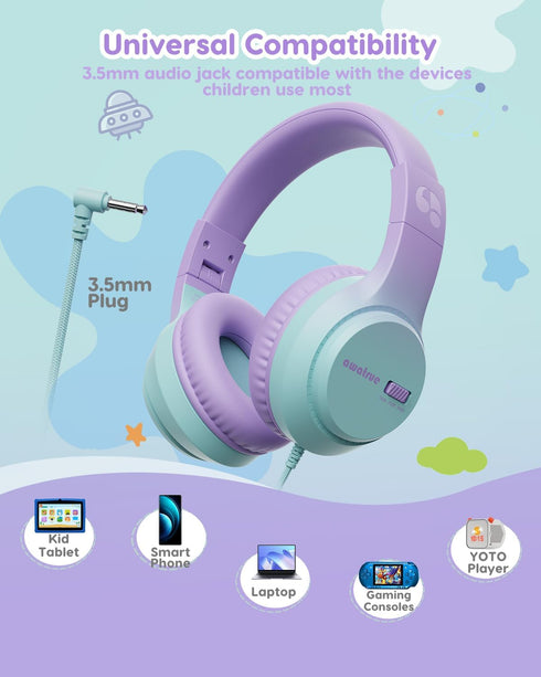 74/85/94dB 3.5mm awatrue Kids Headphones, Volume Limiter, Foldable Wired Over Ear Headphones for Travel, Jack, Toddler