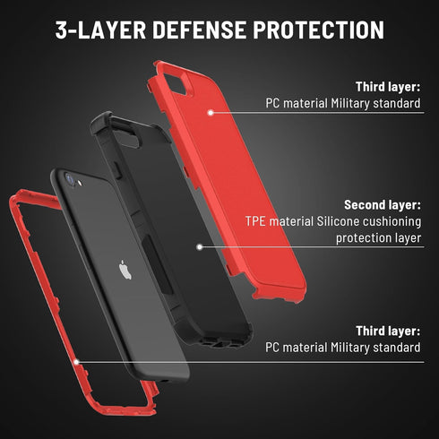 iPhone SE 2022 (3rd Gen) Heavy Duty Case with Glass Protector, Rugged Shockproof, Drop Proof, 3-in-1 - Red/Black