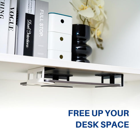Under Desk Laptop Storage Mount, Metal Holder for Devices Thickness 1.37", with Anti-Scratch Silicone (White)