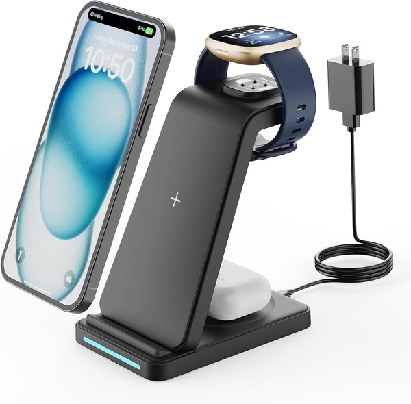 Wireless Charger for Fitbit, GEEKERA 3 in 1 Phone Charger Stand for Fitbit Watch Sense 2/Sense/Versa 4/3, iPhone,