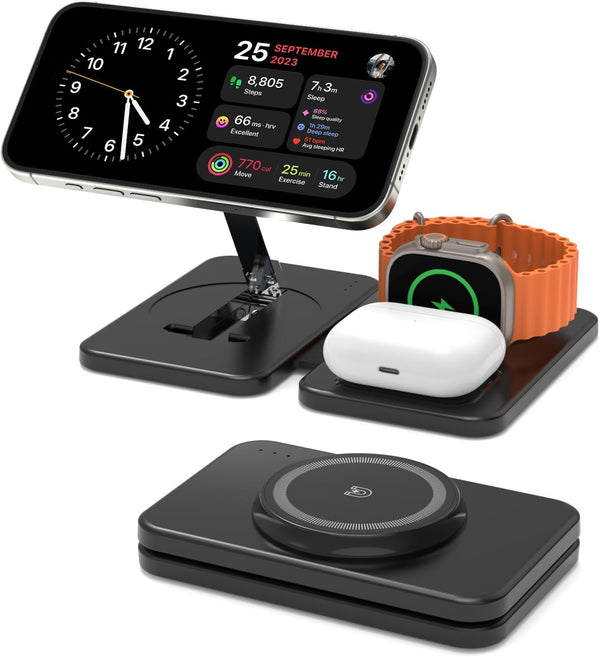 JoyGeek Magnetic Wireless Charging Station for Apple Devices, 3 in 1 Foldable Charger Stand for MagSafe, Compatible