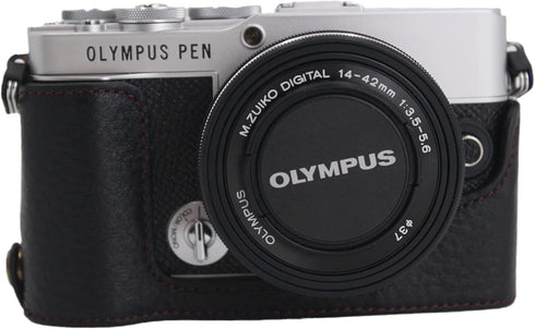 E-P7 Case, BolinUS Handmade Leather Half Camera Bag for Olympus Pen E-P7, Bottom Opening Version, Black