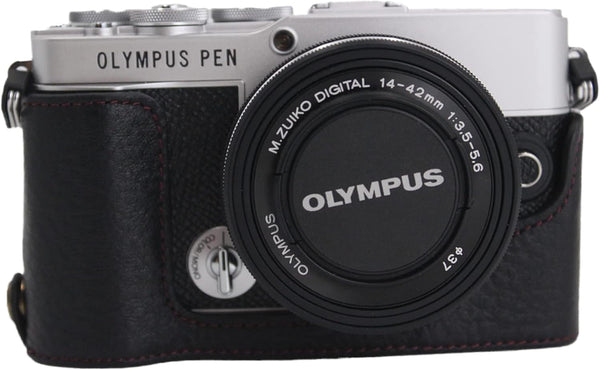 E-P7 Case, BolinUS Handmade Leather Half Camera Bag for Olympus Pen E-P7, Bottom Opening Version, Black