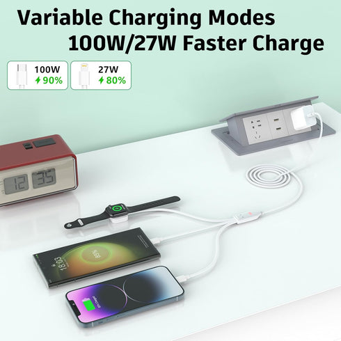 USB C 100W Multi 3-in-1 Fast Charge Cable for Apple Smart Watch Charger,Multiple i-Watch Charger+Lightning+Type-C Charger Combo iWatch Series 9 SE 8 7 6 5 4 3 2/iPhone 15 14 13/iPad Pro-6FT