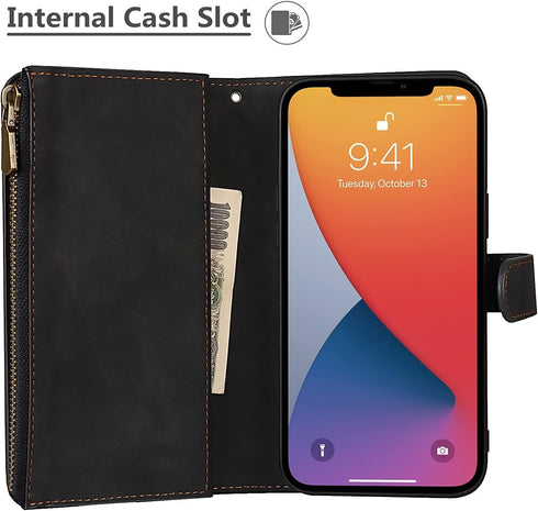 iCoverCase Wallet Phone Case for iPhone 13 Pro, PU Leather Zipper Pocket with Card Holder and Wrist Strap (Black)