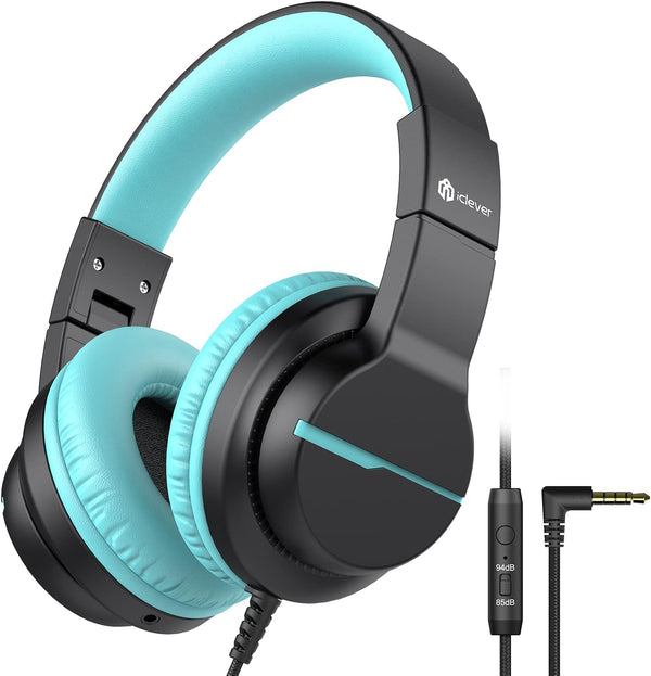 iClever HS19 Kids Headphones - Over-Ear, Volume Limiter 85/94dB, Foldable, Shareport, Wired for iPad/Travel (Black)