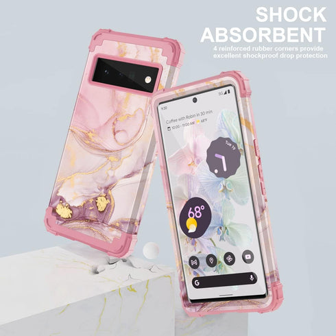 Google Pixel 6 Pro Case, Marble Rose Gold Women 3 in 1 Hard PC Soft Silicone Protective Rugged Bumper Cover