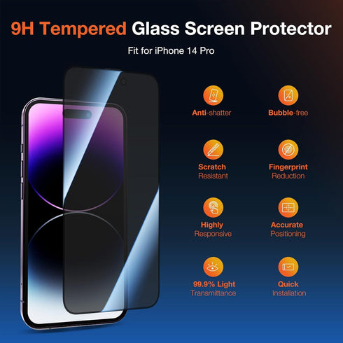 2 Pack Privacy Screen Protector Install Kit for iPhone 14 Pro, Anti Spy 9H Shatterproof Tempered Glass Film