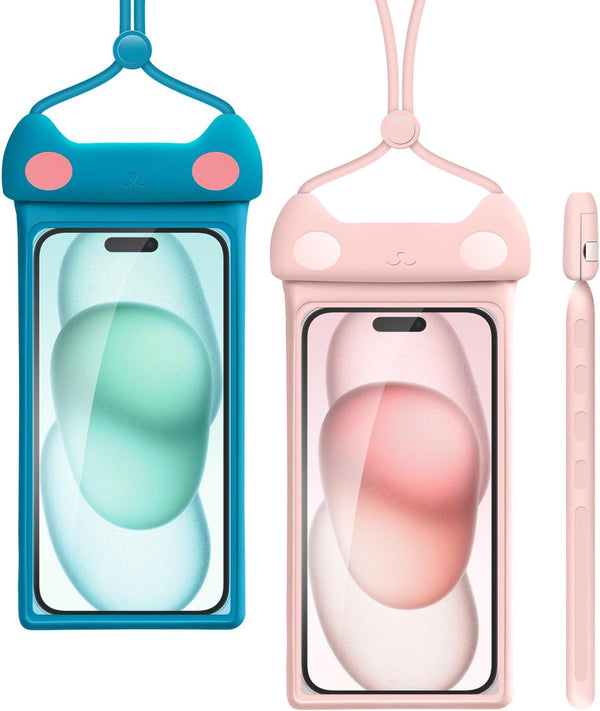 wellhouse Waterproof Phone Pouch, IPX8 3D Case for iPhone 15 14 13 12 Pro Max, Samsung (Meow Pink+Blue, 2 Pack 7")