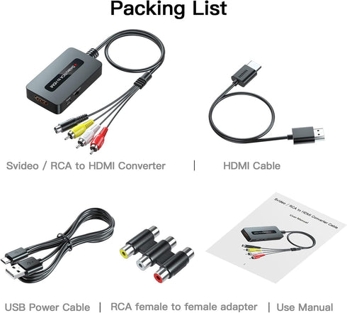 RCA Svideo to HDMI Converter with HDMI Cable, RCA S-Video HDMI Converter, CVBS Composite AV to HDMI Converter
