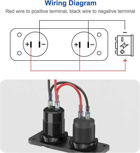 12V USB Outlet Marine Switch Panel Plug, PD3.0 Dual QC3.0 USB Ports Aluminum Car Charger with LED Voltmeter Power Switch