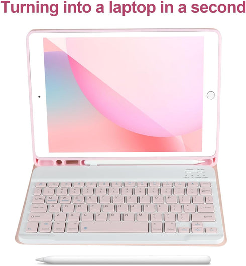 Keyboard Case for iPad 9/8/7th Gen 10.2’’ - Detachable Bluetooth Keyboard with Pencil Holder for iPad 10.2, Pink