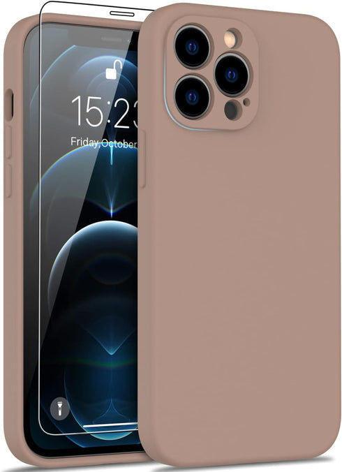 DEENAKIN iPhone 12 Pro Case with Screen Protector, Soft Silicone Gel Rubber Bumper Cover, Light Brown