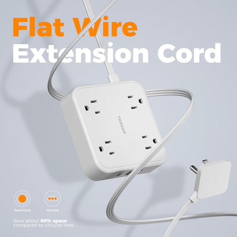 TESSAN Surge Protector Flat Extension Cord 5FT with 4 Outlets, 3 USB C Ports (1 USB C), 900 Joules Protection, White