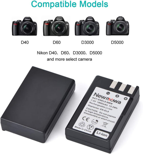 Newmowa EN-EL9/EN-EL9a Replacement Battery and Charger Kit for Nikon D40, D40X, D60, D3000, D5000, 2-Pack