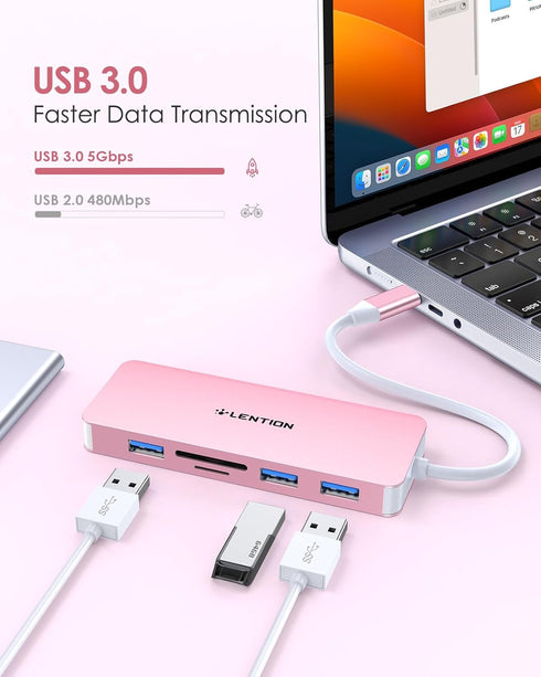 LENTION USB C Hub with 4K HDMI, 3 USB 3.0, SD/Micro SD Reader, Compatible with 2016-2023 MacBook Pro, Air