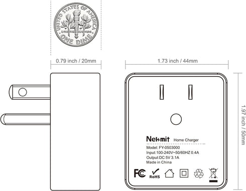 Nekmit Dual Port Ultra Thin Flat USB Wall Charger, Smart IC, Black
