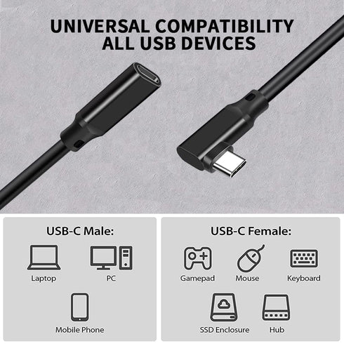 90 Degree Right Angle Type C Extension Cable, 6.6FT, USB 3.1 USB C Male to Female PD100W Charging
