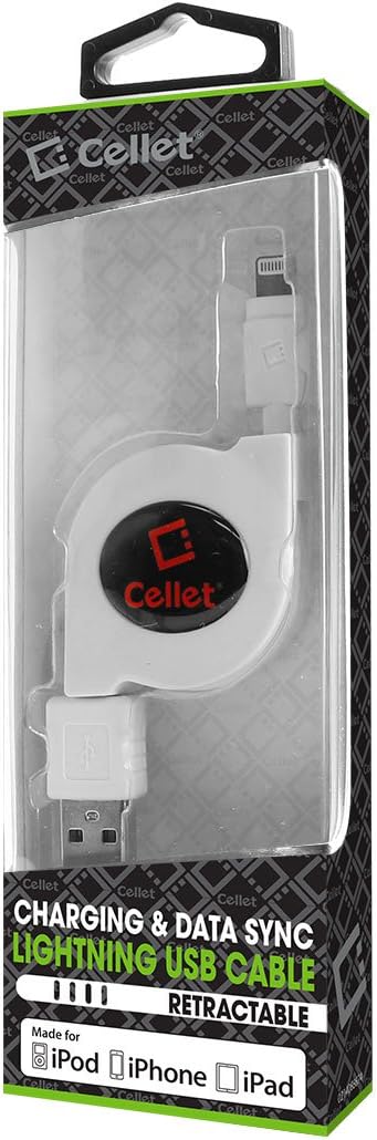 Cellet Retractable Lightning Cable, Charging Cord for Apple iPhone 14 Pro Max, 13, 12, 11, Xs, Xr, SE, iPad Pro, White