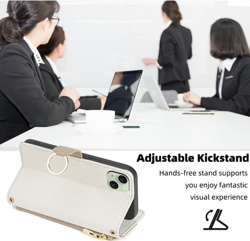 Asuwish iPhone 15 Plus Case: 6.7" Wallet Cover, Screen Protector, Mirror Flip, Card Holder, Crossbody Strap - White