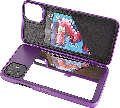 Wallet Case for iPhone 11 with Kickstand and Built-in Mirror, Shockproof Card Holder, Purple