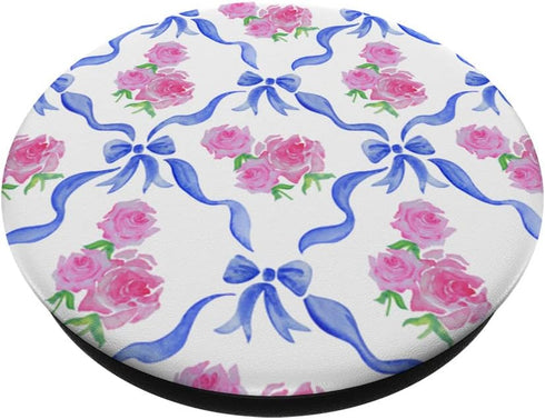 Coquette Aesthetic Pink Rose Blue Bow Ribbon Grandmillennial PopSockets Swappable PopGrip