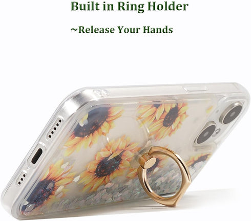 Glitter Case with Ring Holder for iPhone 15, Clear Kickstand Soft TPU Bling Girly Liquid Holiday