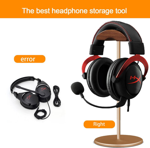 Headset Holder Stand, Wood and Aluminum Desktop Headphone Stand with Solid Heavy Base for All Headphone Sizes (Gold)
