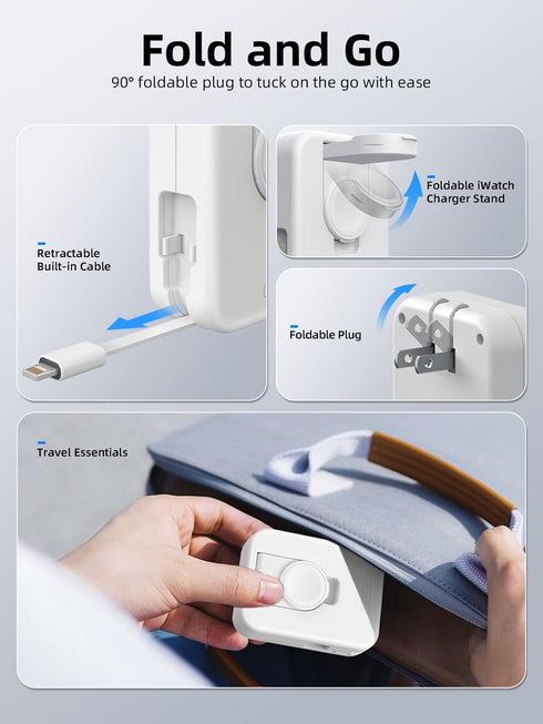 Apple Watch Charger Block, 2 in 1 Wall Charger with Retractable Cable, Travel Foldable Plug Power Adapter