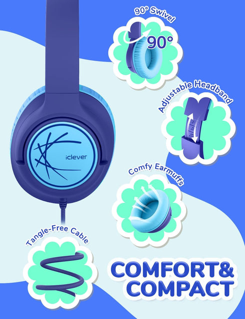 iClever Kids Headphones with Cord, 85dBA Safe Volume Wired Headphones, Over Ear for School, Boys, Girls, Travel
