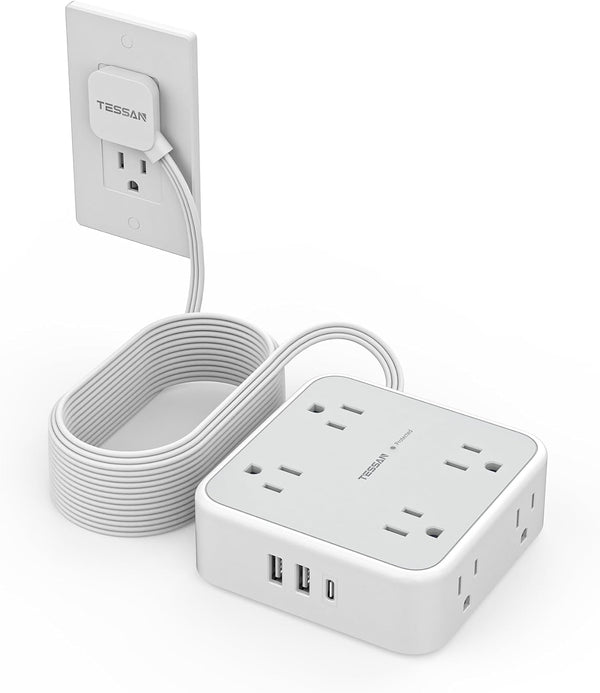 TESSAN 20 FT Long Flat Plug Extension Cord - Ultra Thin Power Strip Surge Protector with 8 AC Outlets, 900J