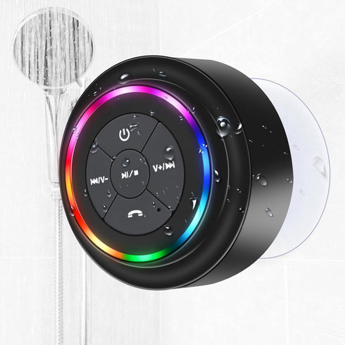 Bluetooth Waterproof Shower Speaker, Portable Wireless Speaker with Suction Cup, Small Speaker with Colorful Lights,
