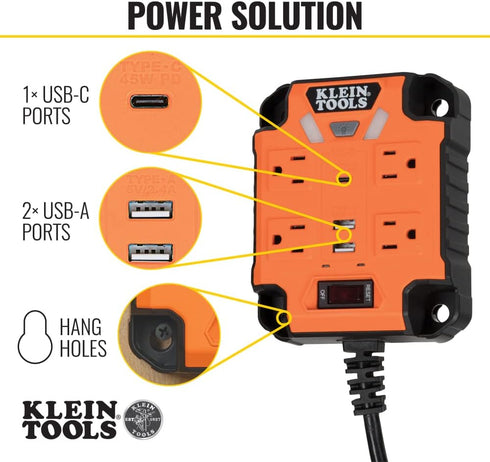 Klein Tools 29601 Magnetic Power Strip with Surge Protector, 4 Outlets, 3 USB Ports, 5-Foot Cord