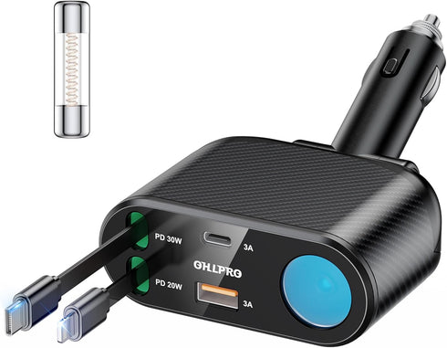 OHLPRO 5 in 1 Retractable Car Charger, 168W USB C Cigarette Lighter Adapter, Fast Charger with Dual USB Ports