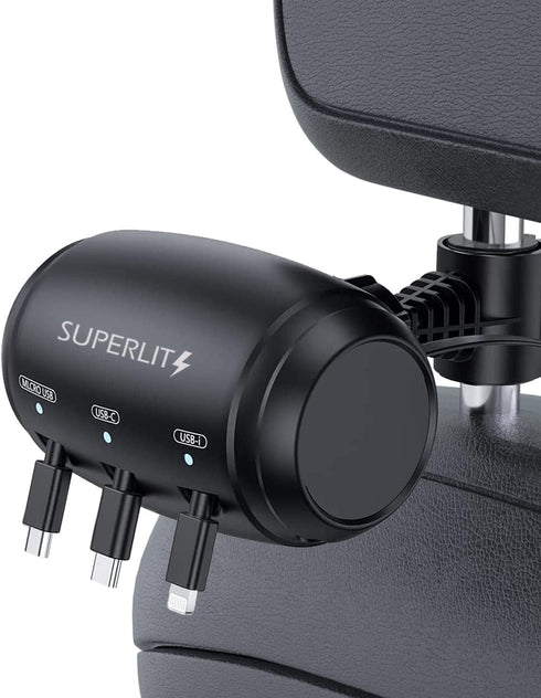 Headrest Car Fast Charger - Retractable Multi Port for USB-C, Android, Apple, 3 in 1 Headrest 3 Feet Cable Charger for