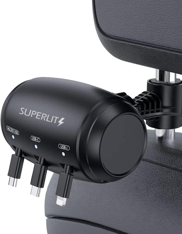 Headrest Car Fast Charger - Retractable Multi Port for USB-C, Android, Apple, 3 in 1 Headrest 3 Feet Cable Charger for
