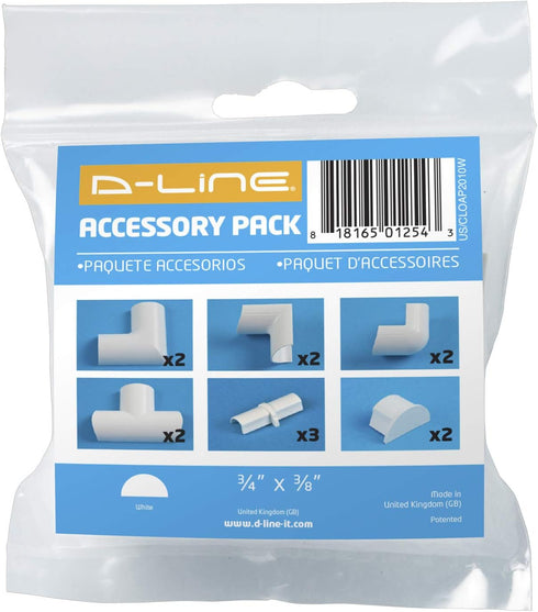 D-Line Small Cable Raceway Accessory Pack, 13 Accessories Included, 0.78in x 0.39in Cord Cover Lengths, White