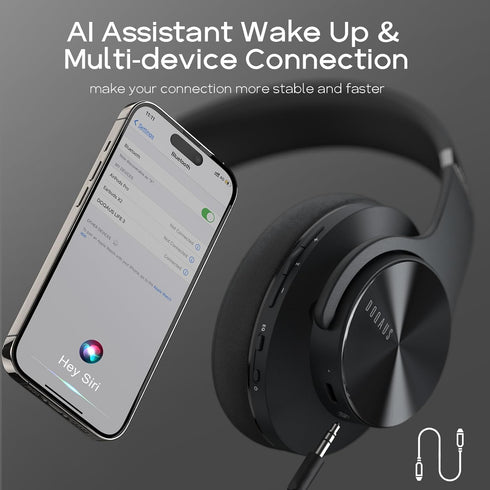 DOQAUS Bluetooth Headphones Over Ear, 90 Hours Playtime Wireless Headphones with Noise Isolating HiFi Stereo, Black
