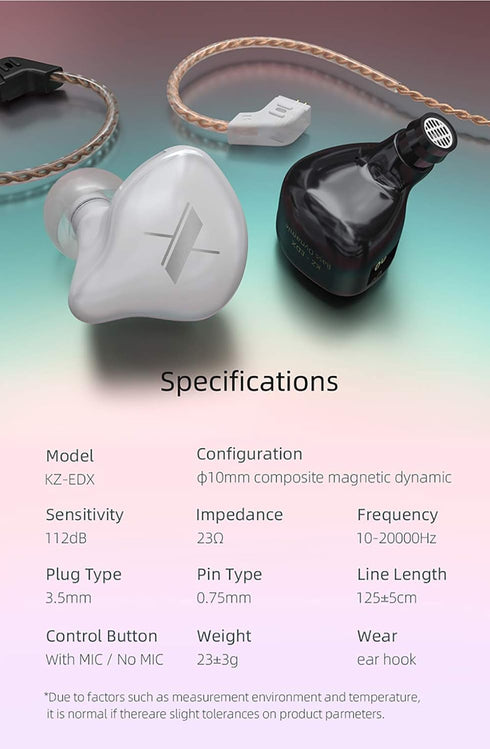 KZ EDX in-Ear Monitors - HiFi Stereo Stage/Studio IEM Wired Noise Isolating Earphones with Detachable Cable 2Pin (Black)