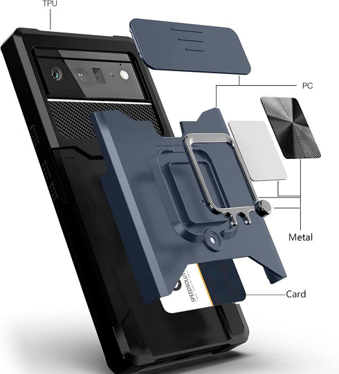 Google Pixel 6 2021 Case with Camera Cover & Kickstand, Slide Lens Cover, Rotate Ring Stand, Full Protect Blue