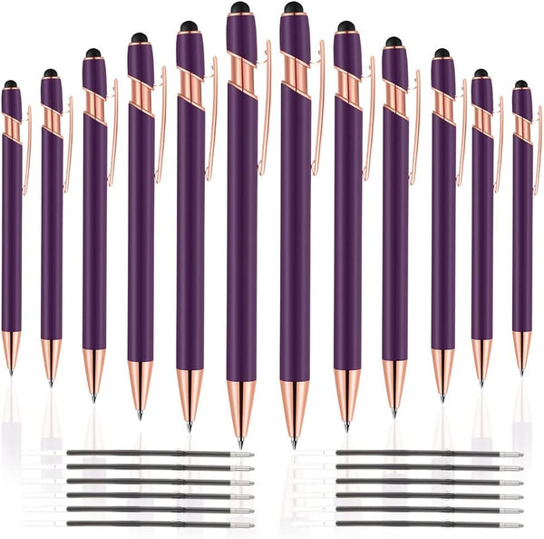 12 PCS 2 in 1 Stylus Ballpoint Pens with Stylus Tips, 1.0 mm Black Ink Metal Pens for Touch Screens, 12 Refills (Rose