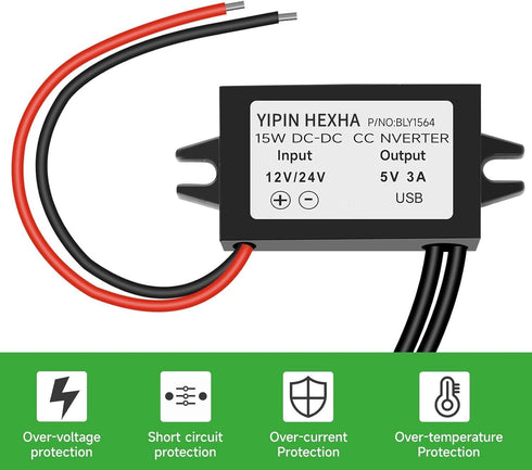 YIPIN HEXHA DC12V/24V 5V 3A 15W to USB Converter Buck Module Power Adapter DC Power Adapter Converter Buck Regulator