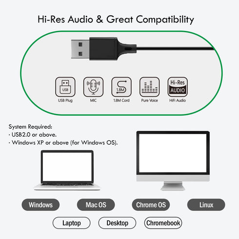 USB Earbuds for Computer - in-Ear USB Headphones with Microphone & 1.8M Long Cord, USB-A Headset Compatible