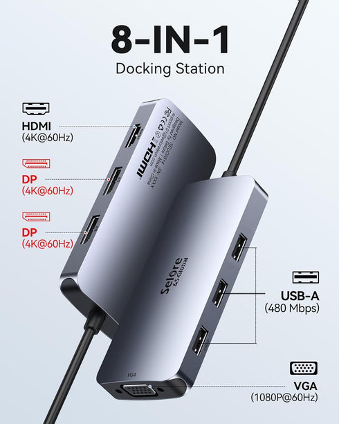 USB C Docking Station Dual Displayport, Selore Laptop Docking Station with Dual Monitor, USB C Hub with 2 DP, HDMI,