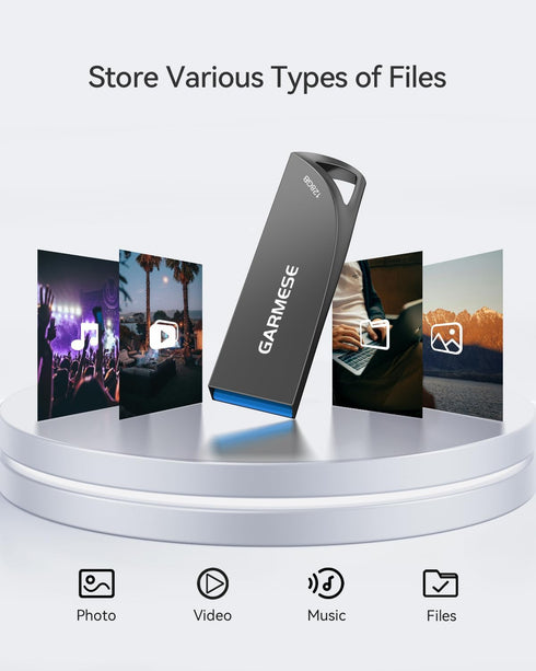 128GB USB 3.0 Flash Drive, Slim Waterproof Metal Memory Stick, Portable Keychain Thumb Drive for PC - Gray