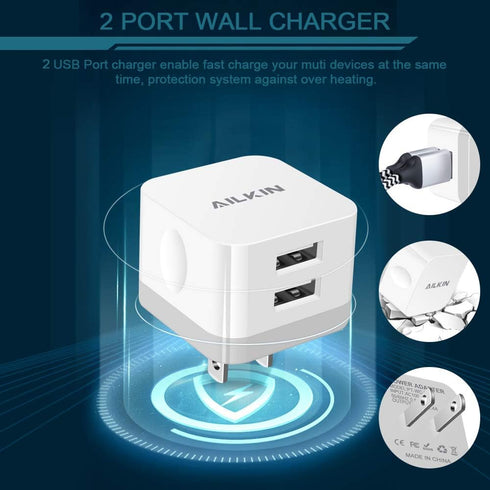 AILKIN 2Pack USB Wall Charger Plug, 2.4A Dual Port Fast Charging Station for iPhone 15 14 13 12 Pro Max