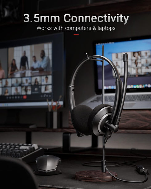 Wired Headset with Microphone for PC & Laptop - Noise Cancelling On-Ear Headphones with 3.5mm Jack, In-line Control