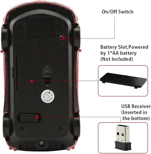 Wireless Car Mouse, 3D Sports Car Shape Optical Mouse for Desktop Laptop, Ergonomic Design (Red)