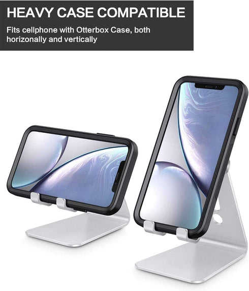 Adjustable Cell Phone Stand, OMOTON Aluminum Desktop Stand with Anti-Slip Base and Charging Port, Silver